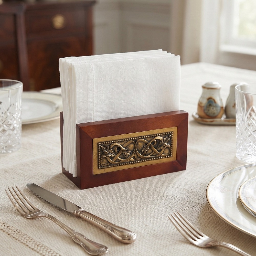 Vintage Wooden Napkin Holder Celtic Knot Brass Relief Cherry Finish Table Decor
